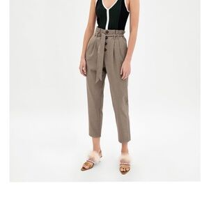 Zara Dress Paperbag Pants Button Fly with Belt Womens Brown Plaid Checker Sz M.
